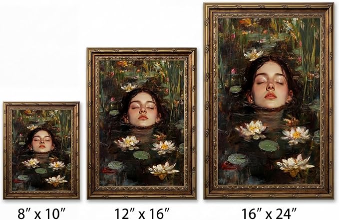 Vintage Gold Framed Gothic Wall Art, Ophelia Inspired Woman Portrait Print | Dark Academia Romantic Victorian Oil Painting Canvas Print Picture Wall Decor for Living Room Bedroom Office, 16x24 Inch