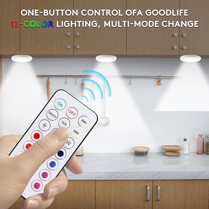 LED Puck Lights - 13 Color RGB, Wireless Remote Control, Battery Powered, Perfect for Under Cabinet & Counter