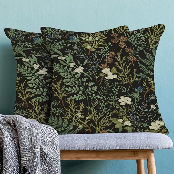 Spring Pillow Covers 24x24 Inch Set of 2,Black Sage Green Wild Flower Plant Throw Pillows Case,Seasonal Vintage Floral Outdoor Decorative Linen Farmhouse Decor Cushion Covers for Sofa Bed Couch