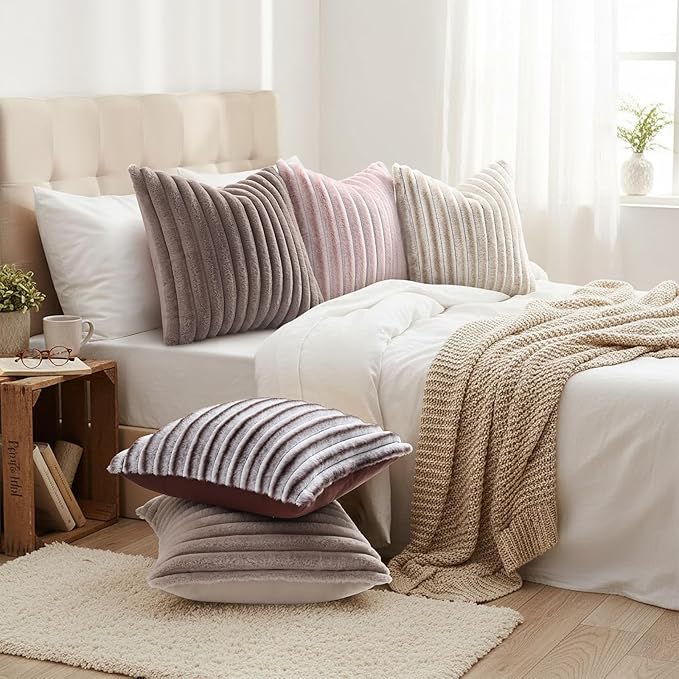 decorUhome Fall Faux Fur Throw Pillow Covers 22x22 Set of 2 Light Coffee | Decorative Soft Cozy Striped Plush Modern Farmhouse Boho Couch Pillow Cases Velvet Back for Sofa Bed Living Room Home Decor