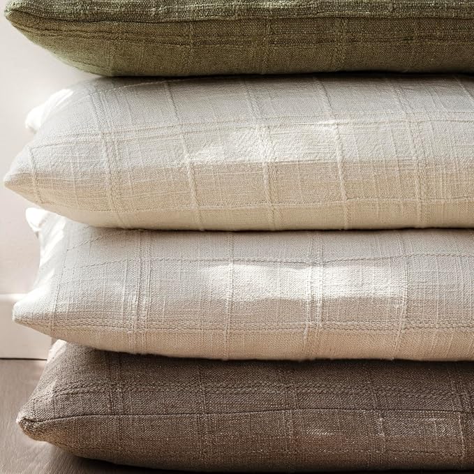 Foindtower Set of 2 Decorative Linen Check Throw Pillow Covers Neutral Farmhouse Vintage Cushion Covers Modern Boho Home Decor for Sofa Chair Couch Bedroom Living Room,26×26 Inch,Taupe Grey