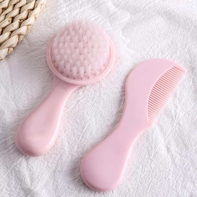 Baby Hair Comb Set Soft Baby Hair Brush Baby Comb Hair Comb Set Newborn Baby Hair Brush and Comb Set Baby Care Hair Brush for Girls and Boys,Ideal Present for Baby Pink