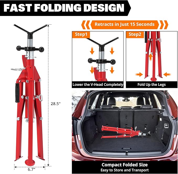 Heavy-Duty Pipe Jack Stand V-Head Bracket Load Capacity 2500 LBS Suitable for 1/8“ to 12” Pipes 28“ to 52” Adjustable Height Folding Legs for Welding Threading Hole Cutting