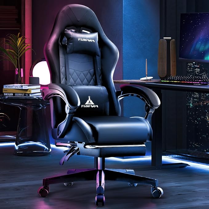 Gaming Chair,Ergonomic Massage Office Desk Chair with Footrest,Black | Pocket Spring Cushion,Reclining,Thick High Back,Headrest and Lumbar Support,Adjustable Leather Computer Chair Gamer Chair