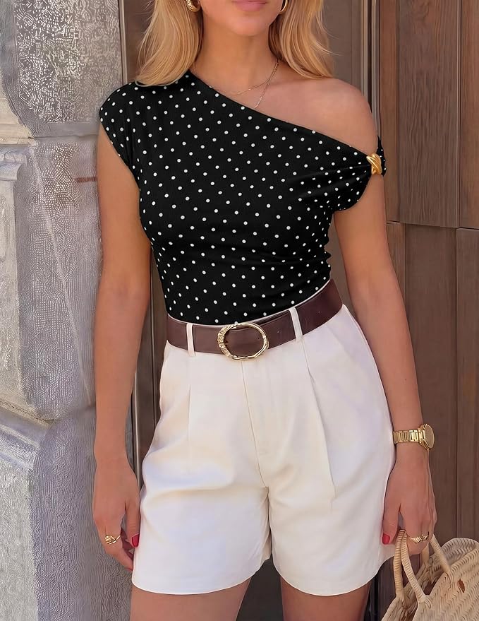 ZESICA Women's 2026 Summer Off Shoulder Tops Going Out Sexy Y2k Shirts Spring Cap Sleeve Ruched Asymmetrical Blouses