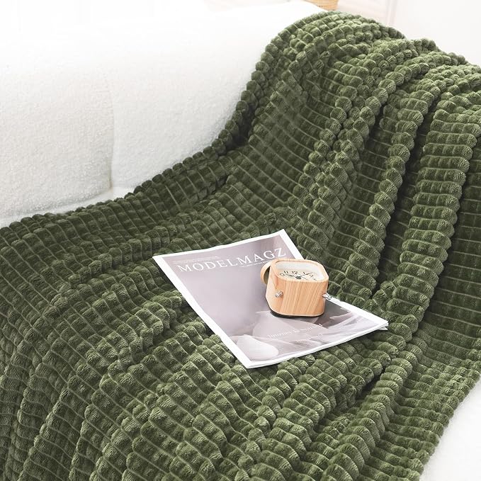 Puncuntex Fleece Throw Blanket Olive Green 60"×80" with Square Grid Design | Super Soft Plush Cozy Flannel Throw Blanket Luxury for Couch Sofa Chair
