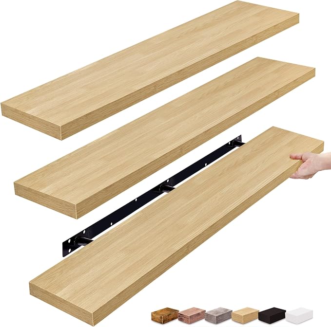 Sorbus Floating Shelves for Wall - 55 Inch Extra-Long Bathroom Shelves, Wall Decor for Bedroom, Kitchen, Living Room, Book Storage - Mounted Floating Shelf with Hidden Brackets (Maple Wood, 3 Pack)