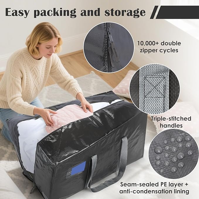 12 Pack Extra Heavy Duty Large Moving Bags with Reinforced Zipper & Wide Handles, Waterproof Storage Bins for Clothes, College Dorm, Travel, and Home Organization, Gray