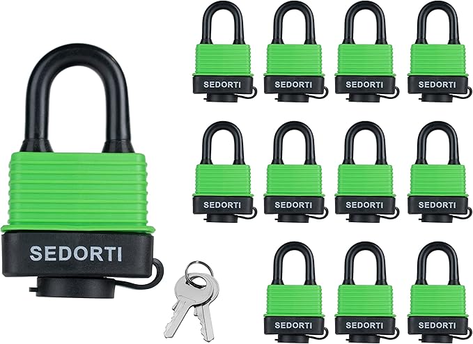 Colored Waterproof Padlocks, Heavy Duty Laminated Steel Lock with Green Plastic Covered, Keyed Alike Outdoor Locks, Can Be Used as Lockout Tagout Lock, Pack of 12