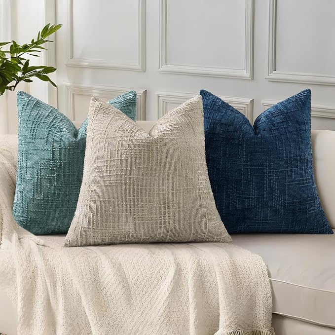 decorUhome Textured Chenille Throw Pillow Covers 26x26 Set of 2 Teal | Fall Modern Farmhouse Soft Cozy Slubby Couch Pillow Cases Boho Decorative Pillow Cases for Bed Sofa Living Room Home Decor
