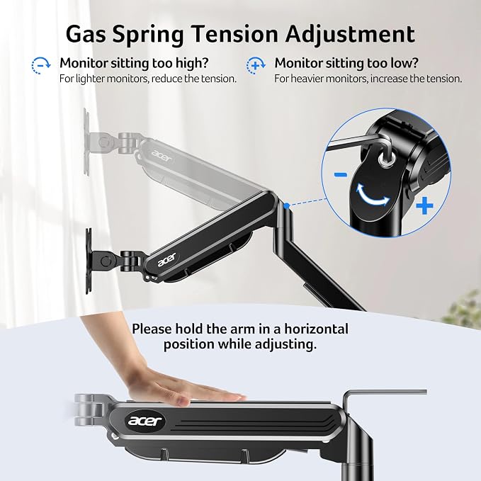 Acer Dual Monitor Arm, Computer Desk Arm with VESA Mounts for 17–32″ Screens, Fully Adjustable Gas Spring Monitor Stand, C-Clamp and Grommet Mounting Base, Fits 4.4 to 19.8lbs Computer Monitors