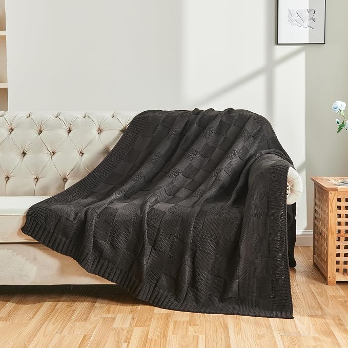CozeCube Jet Black Knitted Checkered Throw Blanket 50"X60" | Check Knit Throw for Couch, Decorative Christmas Soft Cozy Warm Blanket for Bed Sofa Living Room