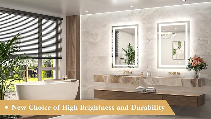 TETOTE LED Bathroom Mirror 24 x 36 Brighter Light up Mirror with Lights, Front and Backlit Lighted Mirror for Bathroom 3-Color Dimmable Led Vanity Illuminated Anti Fog Wall Mirror, Tempered Glass