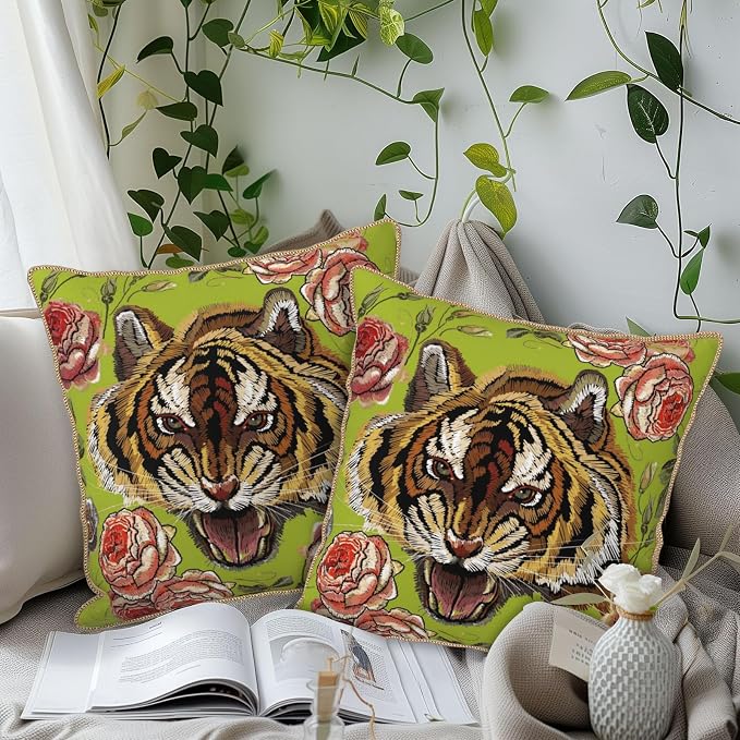 Tiger Flower Green Velvet Pillow Covers 18x18 Inch Pink Floral Animal Throw Pillows for Couch Cushion Covers Pillowcase Farmhouse Modern Pillow Cases for Sofa Bed Living Room Bedroom