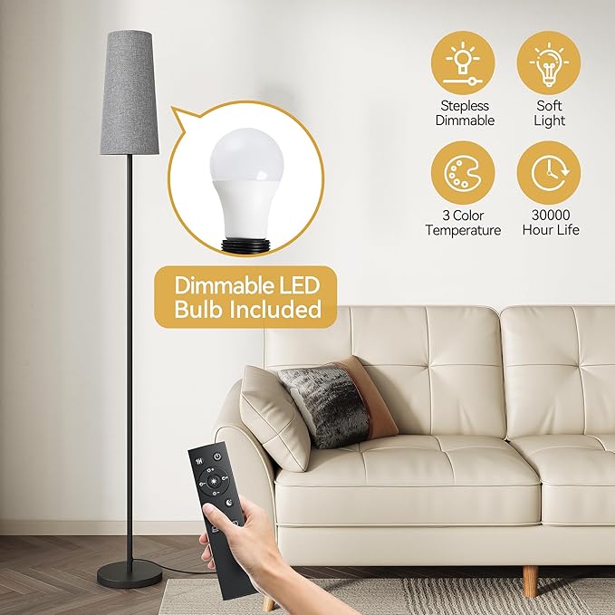 SUNMORY Floor Lamps for Living Room/Bedroom/Office, Standing Lamp with Remote Control, Dimmable Tall Lamp, Suitable for Modern/Boho/Farmhouse and Other Home Decor Styles, Black+Gray Lampshade