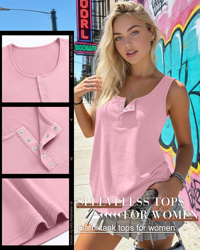 Ficerd 3 Pack Women's Henley Tank Tops Sleeveless Button Down Summer Shirts 2026 Casual Trendy Loose U Neck Tee Blouses