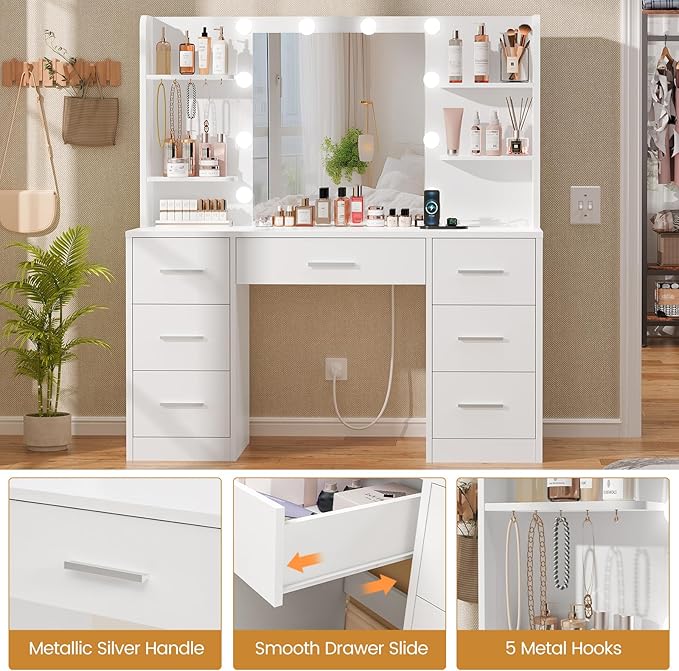 Quimoo Large Vanity Desk with LED Lighted Mirror & Power Outlet,Makeup Vanity Table with 7 Drawers,4 Shelves and 5 Hooks,Vanity Table, Vanity Desk Set for Bedroom,Bathroom,White