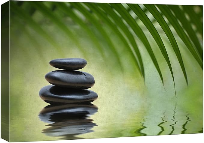 wall26 Canvas Print Wall Art Black Rocks on Seren Green Tropical Lake Floral Nature Photography Realism Bohemian Scenic Relax/Calm Cool for Living Room, Bedroom, Office - 16"x24"