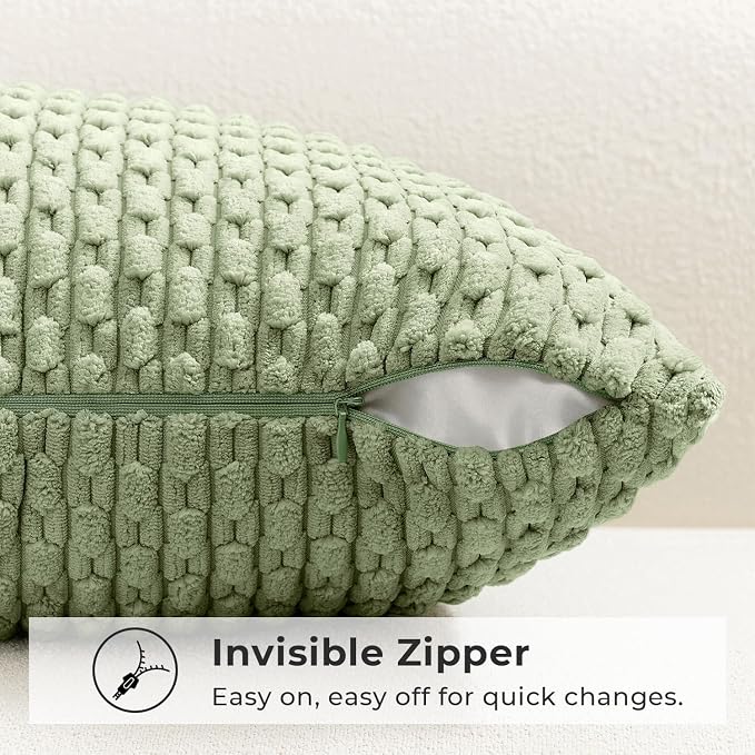 Kevin Textile Soft Corduroy 14"x36" Lumbar Pillow Cover 1 Pack, Sage Green | Boho Stripe Plush Corduroy Decorative Oblong Cushion Cover Modern Farmhouse Home Decor for Sofa Couch Bed Chair