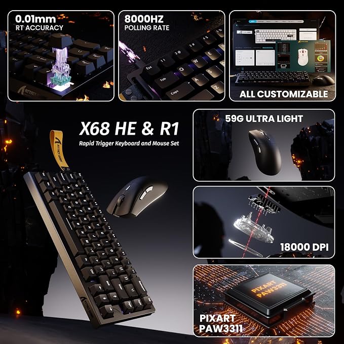 ATTACK SHARK X68 HE 60% Wired RT 8K Keyboard and Wireless R1 Mouse-Black | Adjustable Actuation,Hall Effect Mechanical Magnetic Switch,Coiled Cable,USB C/2.4Ghz/BT Ultralight 18K DPI Mice for PC Gamer
