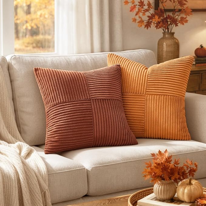 MIULEE Fall Rust Decorative Lumbar Throw Pillow Covers 12x24 Inch 2 Pack | Boho Farmhouse Pillow Covers, Soft Cross Corduroy Patchwork Textured Cushion Cases For Bed Sofa