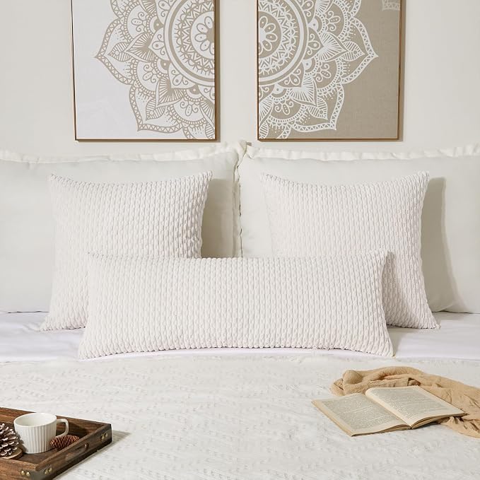 Kevin Textile Soft Corduroy 12"x24" Lumbar Pillow Cover 1 Pack, Pure White | Boho Stripe Plush Corduroy Decorative Oblong Cushion Cover Modern Farmhouse Home Decor for Sofa Couch Bed Chair