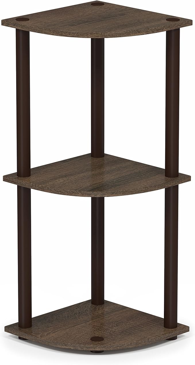 Furinno TURN-N-TUBE Corner Shelf, 3-Tier Corner Bookshelf, Display Storage Shelves with Open Shelves, for Organization and Storage, Living Room, Home Office, Garage, Walnut