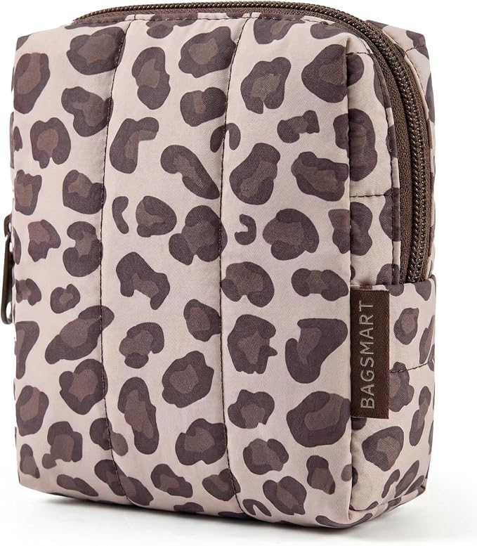 BAGSMART Small Makeup Bag for Women with Slip-in Pocket, Leopard | Zipper Pouch, For Purse, Toiletry Pouch, Puffy Padded Mini Cosmetics Bag, Travel Essentials, Cute Make Up Organizer