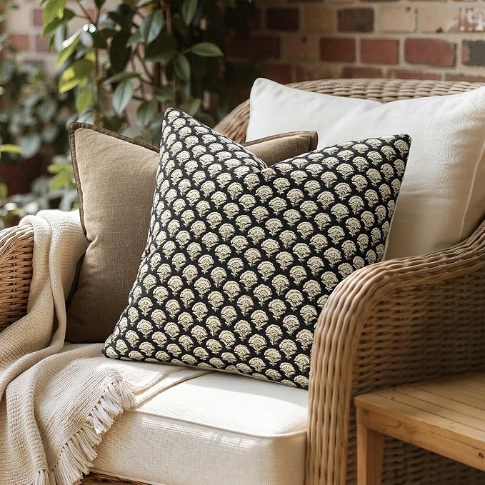MIULEE Floral Print Decorative Pillow Covers Fall 20x20, Black Gold | Vintage Boho Farmhouse Modern Home Decor, Set of 2, Block Print Cushion Covers for Couch Sofa Bed Living Room