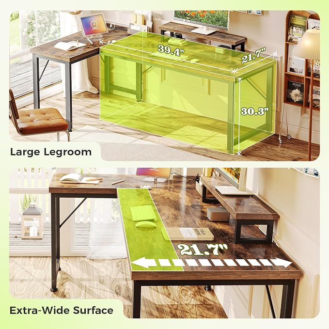 PRAISUN 53" L Shaped Computer Desk, Outlets, Monitor Stand, Rustic Brown | USB-C Ports, Reversible Charging Station, Spacious Desktop & Legroom, 0.94 Inch Thick Desktop, for Gaming, Study & Work
