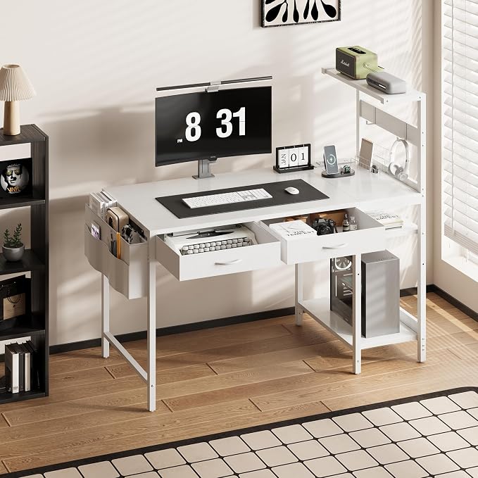 40 Inch Small Gaming Desk with Drawers & Led Lights & Storage Bag, White | Reversible Storage Shelf, Power Outlets, Wood Grain Gaming Table, Compact Computer Desk for Small Space, Bedroom, Home Office