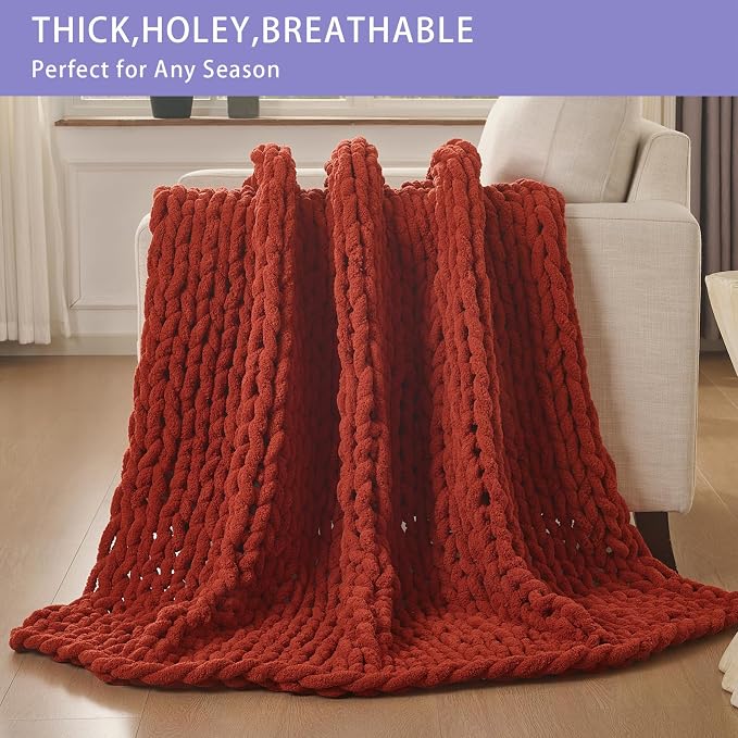 Bigacogo Chunky Knit Throw Blanket for Couch, 40x60 inches, Rust Red | Hand Knit with Jumbo Chenille, Soft Breathable Cable Knit for Sofa Bed Living Room, Machine Washable, Gift for Mom Friend