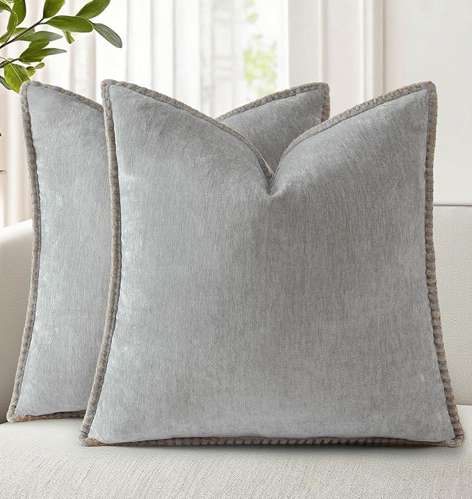 decorUhome Soft Chenille Throw Pillow Covers 24x24 Set of 2 Neutral Gray | Fall Textured Decorative Throw Pillow Cases Stitched Edge Modern Farmhouse Luxury Boho Velvet for Couch Sofa Bed Home Decor
