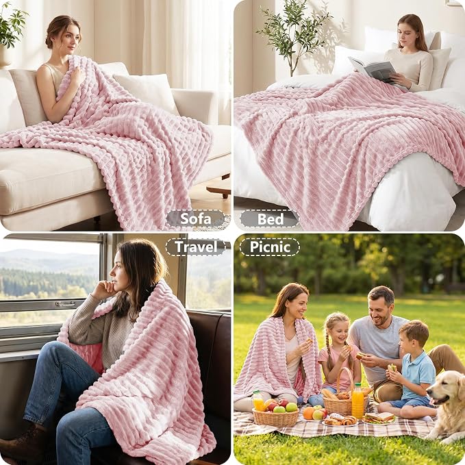 Pink Throw Blanket for Couch & Bed, 50 x 60 Inch | 300GSM Ribbed Fleece Blanket, Soft, Cozy & Lightweight, OEKO-TEX Certified, All-Season Use for Travel, Dorm & Home Decor