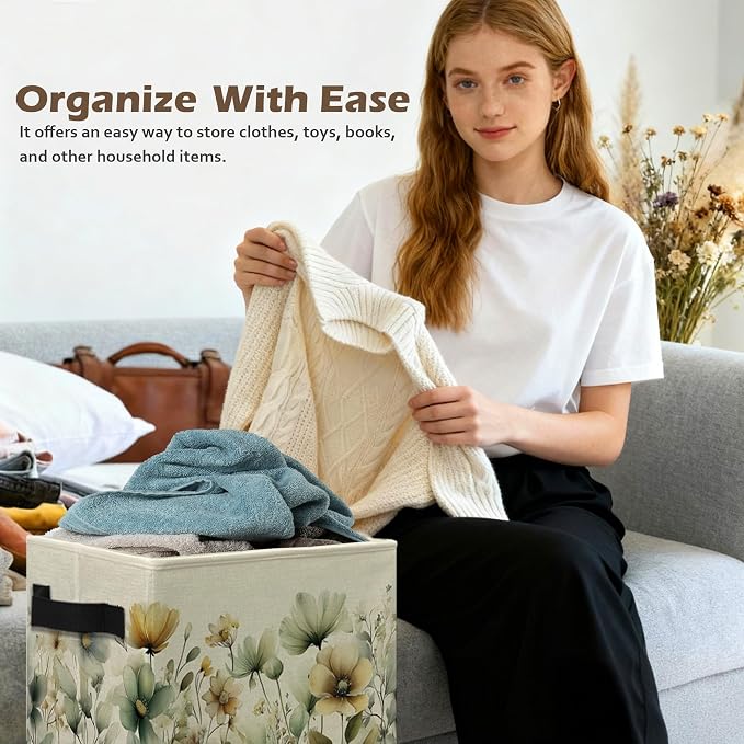 Rustic Floral Storage Box Bins, Sage Green Beige Cottagecore Wildflower Collapsible Storage Basket Organizer for Bedroom Nursery Laundry Room Home Clothes Books, Decor for Room