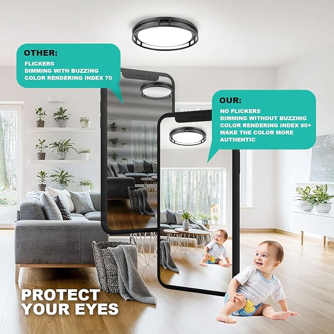 13 Inch LED Flush Mount Ceiling Light Fixture, 26W, Super Bright 1700 Lumens, 3 Color 3000K/4000K/5000K, Dimmable Ceiling Lamp for Bedroom Hallway Bathroom Kitchen Laundry (Black)