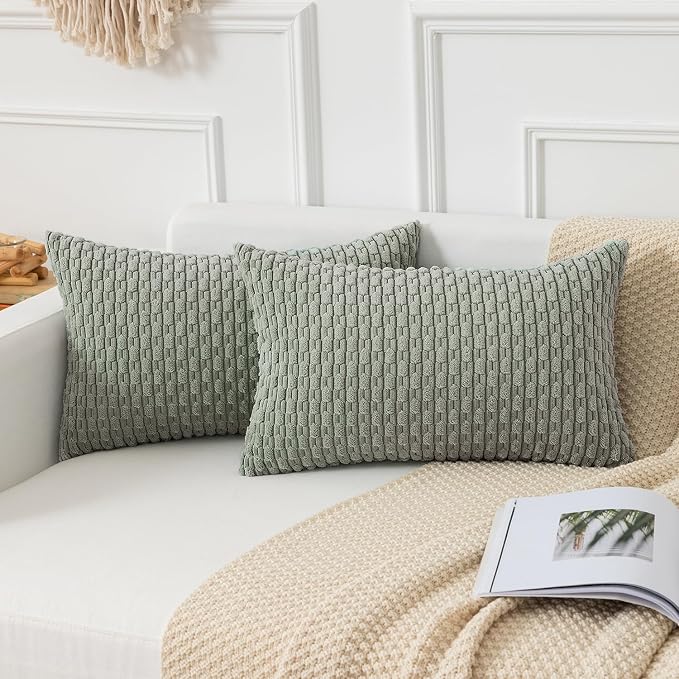 Kevin Textile Soft Corduroy 12"x24" Lumbar Pillow Cover 1 Pack, Grey Green | Boho Stripe Plush Corduroy Decorative Oblong Cushion Cover Modern Farmhouse Home Decor for Sofa Couch Bed Chair