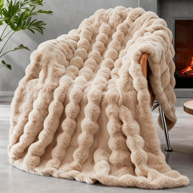 Faux Fur Throw Blanket for Couch, 1000 GSM Cozy Fuzzy Fluffy Soft Plush Thick Bubble Sherpa Blanket for Sofa Bedroom Living Room, Mothers Day Birthday Gifts for Women Home Decor