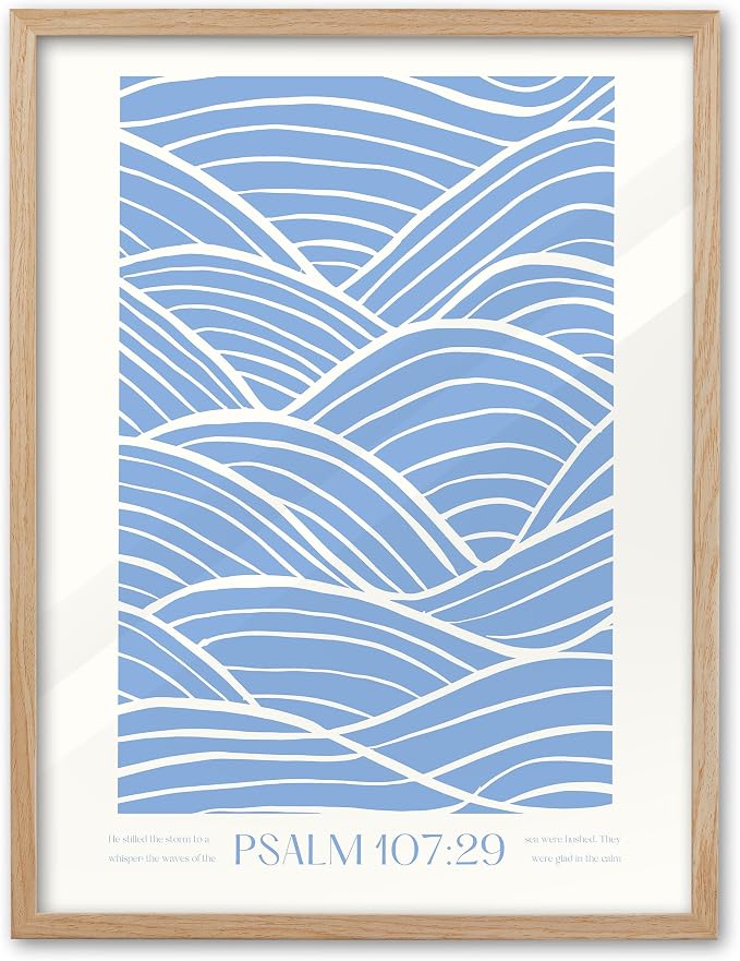 EcoHest 12x16 in Psalm 107:29 Ocean Waves Christian Framed Wall Art | Natural Oak Wood Frame with Canvas Wall Art, Scripture Bible Verse Decor for Bedroom, Living Room, Office, Church, 1Pack