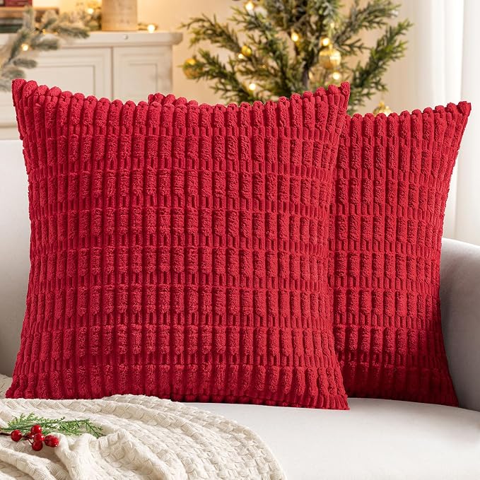 MIULEE Euro Sham Corduroy Decorative Throw Pillow Covers 24x24 Red Set of 2 | Soft Boho Striped Pillow Covers Modern Farmhouse Home Decor For Sofa Living Room Couch Bed