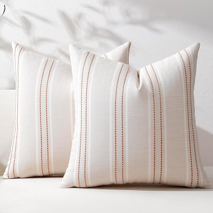 Hckot Terracotta Throw Pillow Covers 16x16 Set of 2 Striped Pillow Covers | Farmhouse Decorative Pillows Textured Linen Square Cushion Covers for Sofa Couch Bed Living Room Decor(Camel)