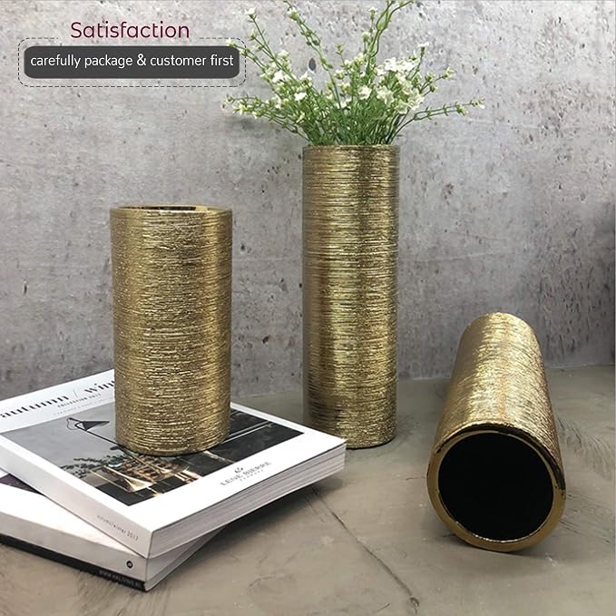 WGV Ceramic Cylinder Vase Bulk Width 4" Height 8" Elegant Unique Modern Matte Floral Container Planter Pot Centerpiece for Event Party Wedding Office Home Decor, Gold Textured 12 Pieces
