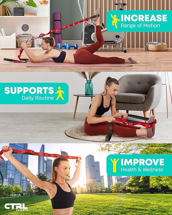 Stretching Strap with Loops - Non Elastic Stretch Band for Physical Therapy, Yoga Strap for Stretching Equipment, Stretch Bands for Exercise and Flexibility - Fascia, Hamstring & Leg Stretcher Belt