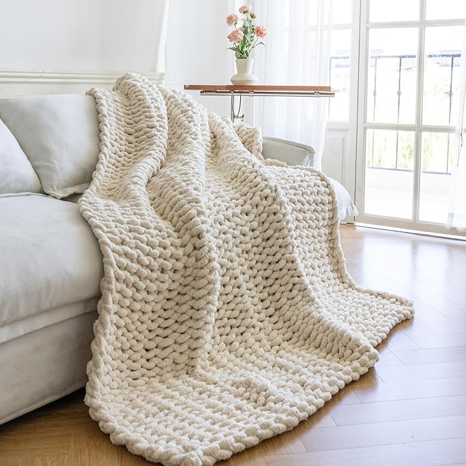 Chunky Knit Blanket - Luxury Soft Cozy 50 * 60 Throw Blanket,100% Woven Blanket Rope Knot Throw Blanket for Couch, Sofa, Home Decor, Gift - Machine Washable (Cream, 50 * 60)