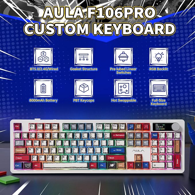 AULA Wireless Mechanical Gaming Keyboard Full Size 8000mAh with Knob&Screen | Hot Swappable Custom,RGB Backlit,Creamy Pre-lubed Blaze Switches,PBT Keycaps,Tri-Mode BT/2.4GHz/USB-C,F106Pro Comic Mix Color