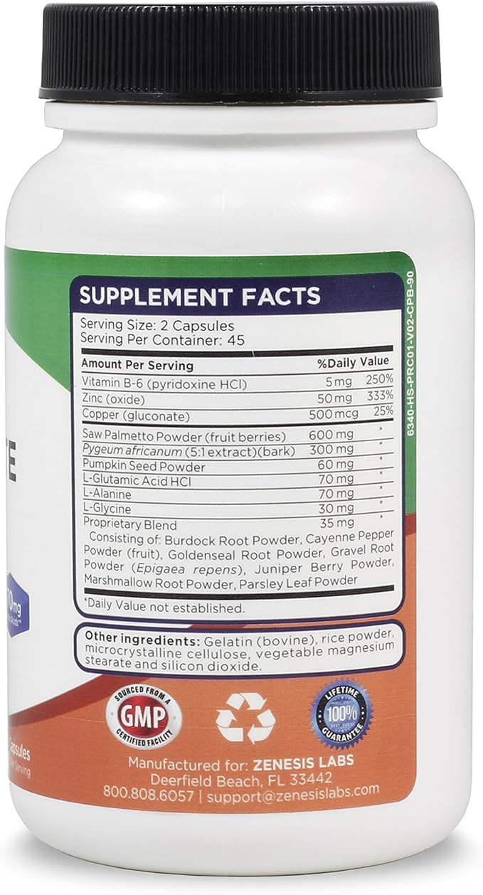 Zenesis Labs Prostate Health with Saw Palmetto - 90 Capsules - Also with Zinc, Copper, Pumpkin Seed, Burdock Root, Amino Acids, & Other Extracts - 45 Day Supply