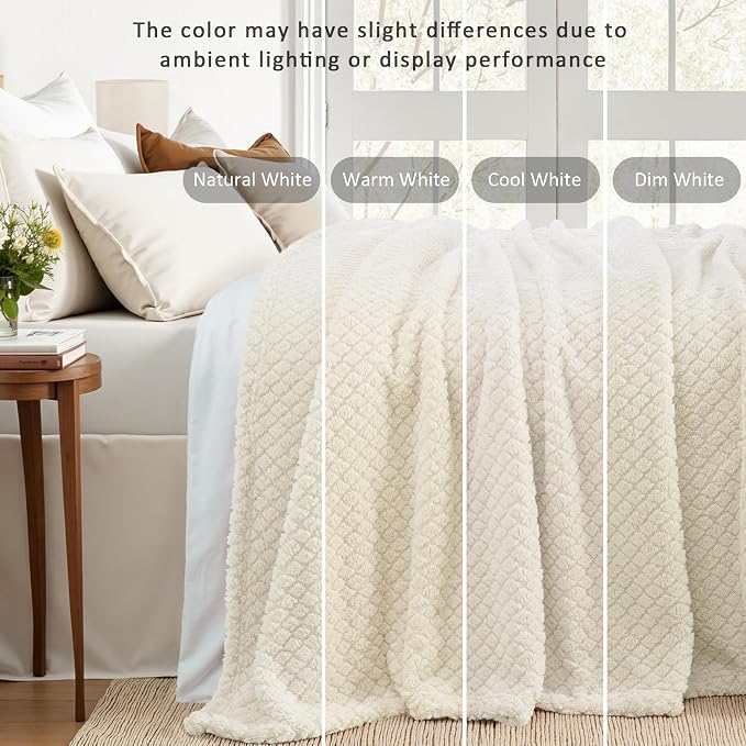 Exclusivo Mezcla Soft Fleece Throw Blanket for Couch, Ivory | Jacquard Lightweight Cozy Throws for Bed, Sofa, Breathable Decorative Fuzzy Textured All Season Use, 50x60 Inches