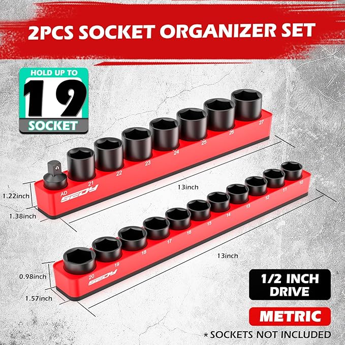 2-Piece 1/2"-Drive Metric Magnetic Socket Organizer Set (Holds 19 Sockets) - Detachable Tool Tray with 5mm Magnetic Base, Screw-Fixed Design & Heavy-Duty Modular Storage for Garage/Home Workshop