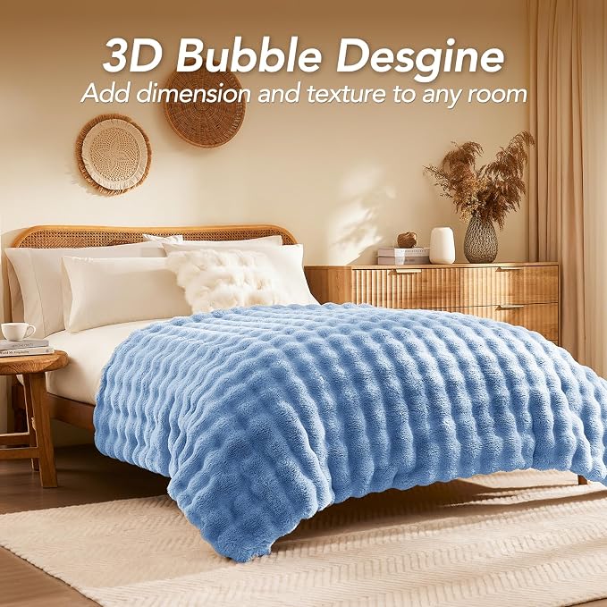 L'AGRATY Faux Rabbit Fur Throw Blanket for Couch, 50'' x 60'', Airy Blue | Soft Cozy Bubble Fluffy Blanket for Sofa Bed, Thick Warm Plush Fuzzy Throw for Room Home Decor, Luxury Gift for Women Mom