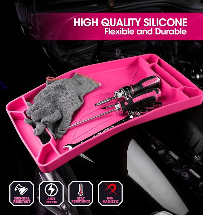 DuraTech Flexible Tool Tray, Silicone Tool Holder for Mechanics Storage, Heat and Chemical Resistant Tool Organizer for Automotive, Industry and Household(3pack Pink)